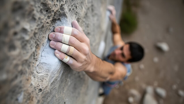 Escalador de roca masculino con dedos vendados entrenando en un bloque desafiante para competencia extrema.