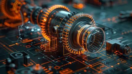 Fototapeta premium Technical precision engine mechanical drawing illustrate mechanical precision blueprint design, precise blueprint mechanical photography art.