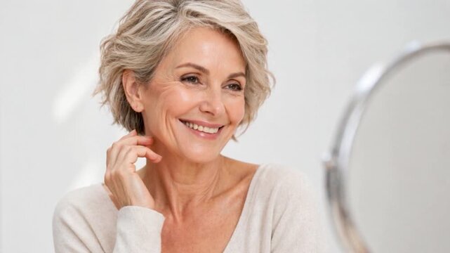 Beautiful gorgeous 60s mid aged mature woman looking on mirror. 
