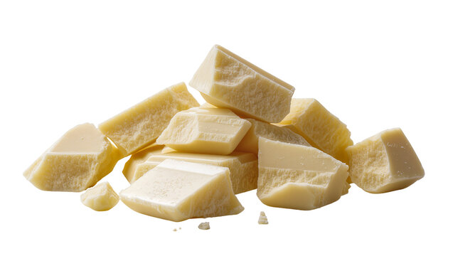 Pile of broken white chocolate chunks, isolated on transparent background