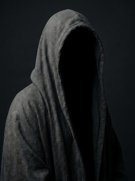 Mysterious figure in a hooded cloak, shrouded in darkness, a symbol of anonymity and the unknown. A person is wearing a dark, hooded cloak