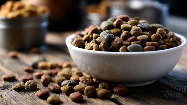 Dry pet food in white bowl on wooden table