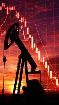 Oil pump jack with red financial graph energy crisis concept