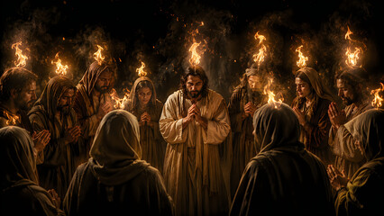 Obraz premium Jesus praying surrounded by people with torches