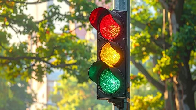 A traffic light displays all three colors against a vibrant green background