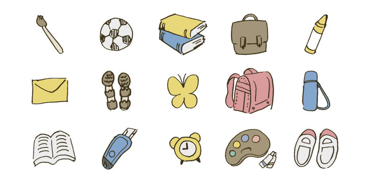 手描き風のかわいい学校アイコンセット イラスト素材