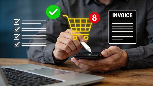 Mobile shopping invoice and cart icon, online store checkout payment, e-commerce transaction receipt, digital retail purchase order, customer billing statement, web shop buying