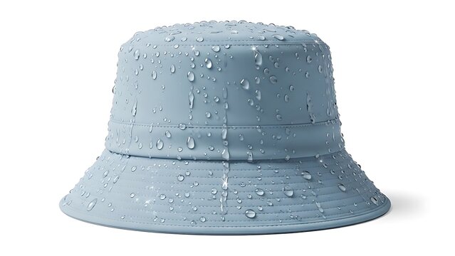 Light blue bucket hat covered in water droplets with outdoor wear droplets accessory headwear clothing protection isolated background moisture material accessories covering