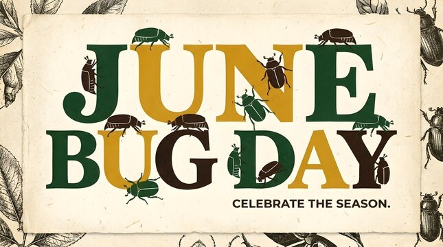 June Bug Day Typography Poster with Serif Lettering, Botanical Texture, and Silhouette Insect Composition