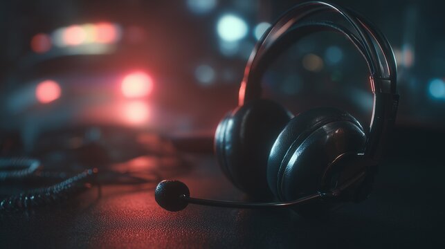 Headset on table with blurred emergency light suggesting suicide prevention crisis hotline support and immediate confidential help.