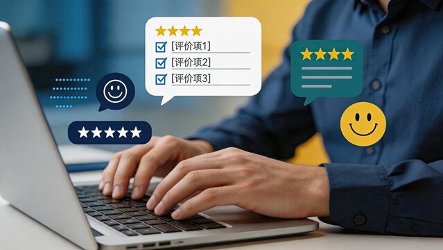 Customer satisfaction rating review feedback concept on laptop screen, five star evaluation system, user experience survey form, positive client testimonial and service quality