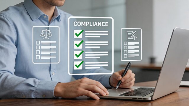 Compliance checklist document legal regulation audit concept, business law adherence verification, corporate governance standards, risk management policy confirmation and