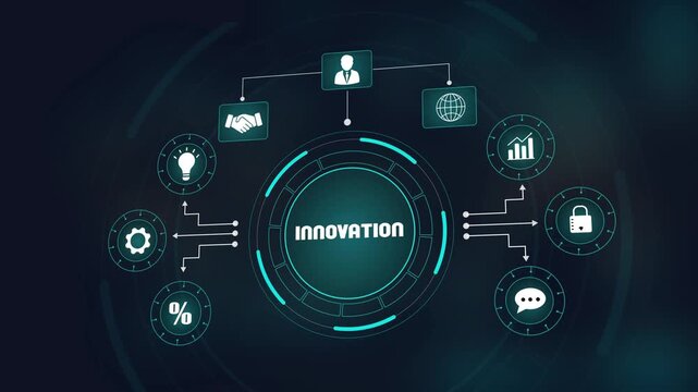 Futuristic digital innovation interface with secure global network, cyber security technology for creative business solutions, advanced information management and private system connection.