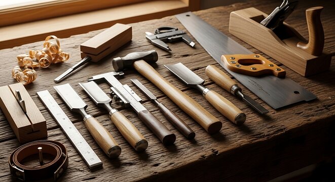 Woodworking Tools on Workbench with Wood Shavings and Natural Light