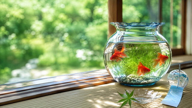 畳の窓辺に置かれた金魚鉢と風鈴 日本の夏の涼感イメージ
