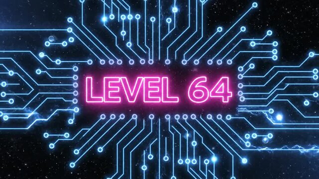 Neon Pink Text Level 64 Over Animated Blue Circuit Board Pattern Seamless Loop Motion Graphic
