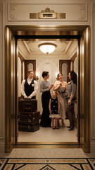 Fototapeta premium Stylish women and child with luggage inside elegant vintage hotel elevator. Concept of group travel, family hotel arrival, retro fashion campaign and warm holiday mood.