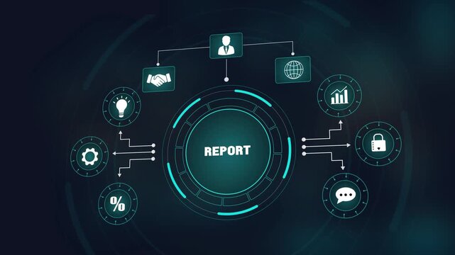 Futuristic digital report interface with secure data network, cyber security technology for business analysis, global information management and private system connection.