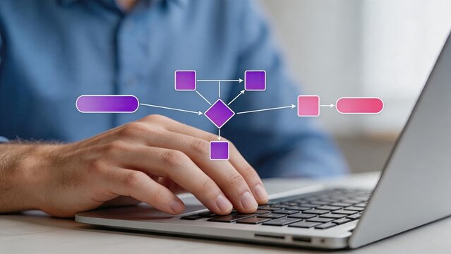 Person typing on laptop keyboard with holographic flowchart diagram overlay, business process mapping, workflow visualization, strategic planning concept, organizational