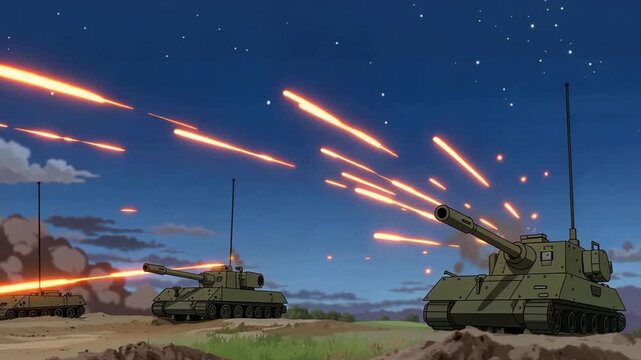 Military Tank Firing Artillery Shells in Night Battle 2D Animation Loop for Digital Media Background