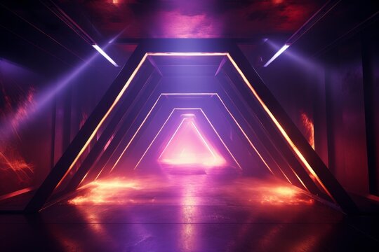 Abstract technological tunnel with warm glow and purple reflections