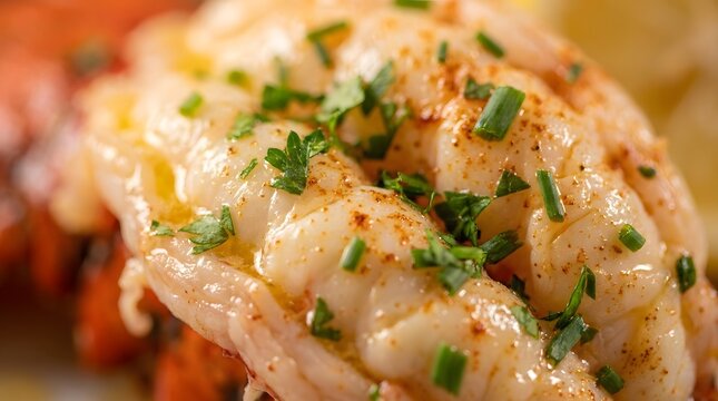 Close up of delicious cooked lobster tail with herbs and spices.