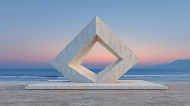 A minimalist geometric stone sculpture sits on a platform overlooking a tranquil sea during a soft, pastel-colored sunset.