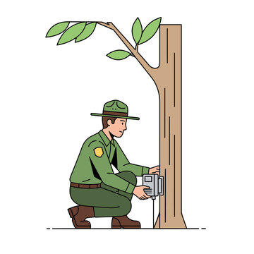 Park Ranger Installs Camera Trap on Tree in Forest