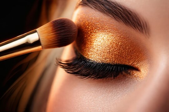 Luxury golden metallic eyeshadow makeup application with professional brush in glamorous beauty macro