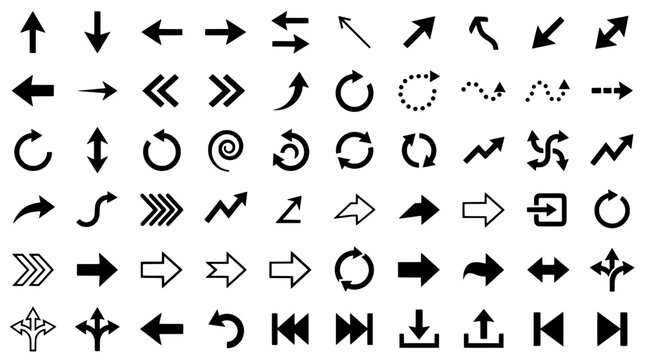 Arrows navigation icon set with hand-drawn style, varied directions and motion symbols for UI arrows, diagrams, and wayfinding