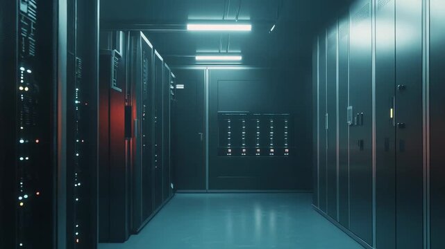 Data center racks standing in a server room, securely storing and processing vast amounts of information, powering modern cloud computing and digital technology infrastructure
