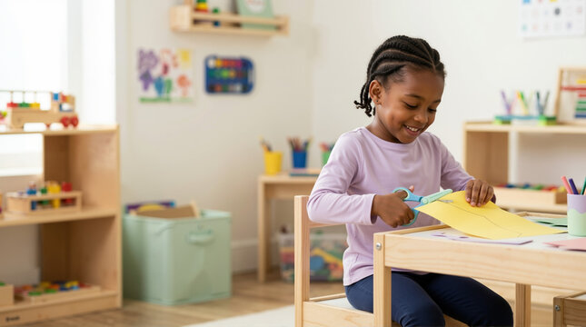 Smiling girl using scissors to cut yellow paper in a preschool classroom. Child learning fine motor skills during an arts and crafts activity at school
