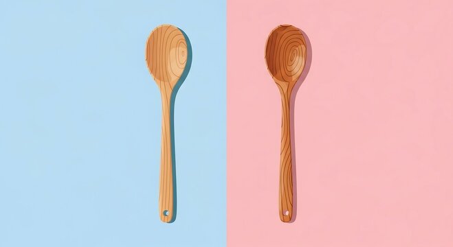 Two wooden spoons are placed on a pastel pink and blue background with shadows