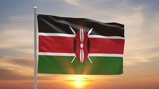 A vibrant national banner with a central emblem waves against a beautiful sunset