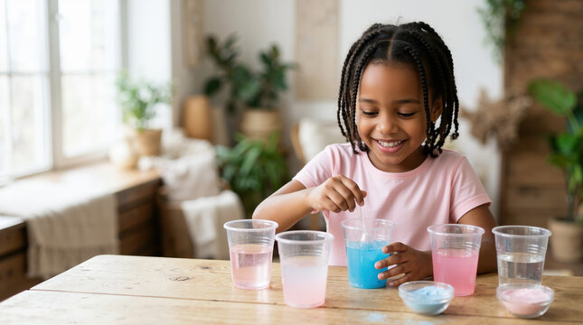 Young Black girl mixing colored water in plastic cups at a wooden table. Happy child doing a fun science experiment at home. Early childhood education concept