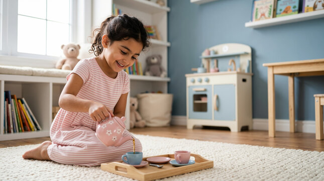 Little girl pouring tea from a toy teapot during a pretend tea party. Child playing on a rug in a bright playroom with a wooden play kitchen