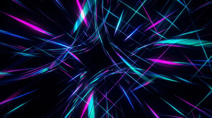 Obraz premium Dynamic intersecting neon laser lights in cyan and magenta glowing against a deep black background for high tech concepts.