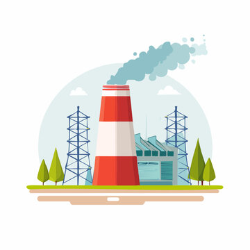 Industrial Factory with Smokestack and Power Lines