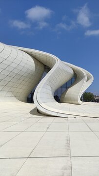 BAKU, AZERBAIJAN - 01 MAY 2026: Details Heydar Aliyev Cultural Center. An architectural and cultural complex and the main attraction in Baku. The project was designed by architect Zaha Hadid.