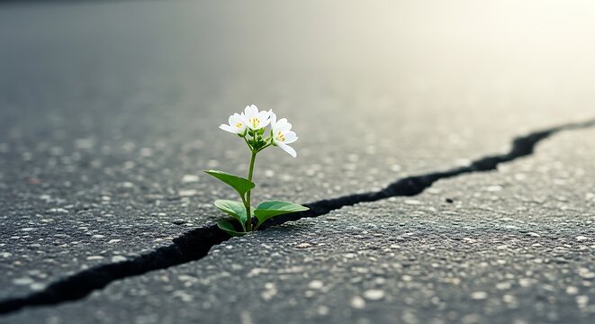Resilient wildflower growing through crack in asphalt symbolizing hope and perseverance