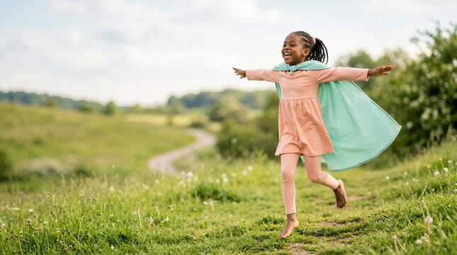 Happy African American girl wearing a cape running and pretending to fly. Joyful child playing superhero in a green grassy meadow