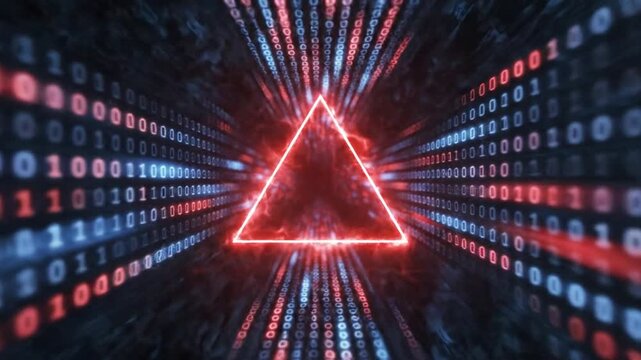Neon Triangle Glowing in a Digital Binary Data Tunnel Animation for Technology Background Presentation