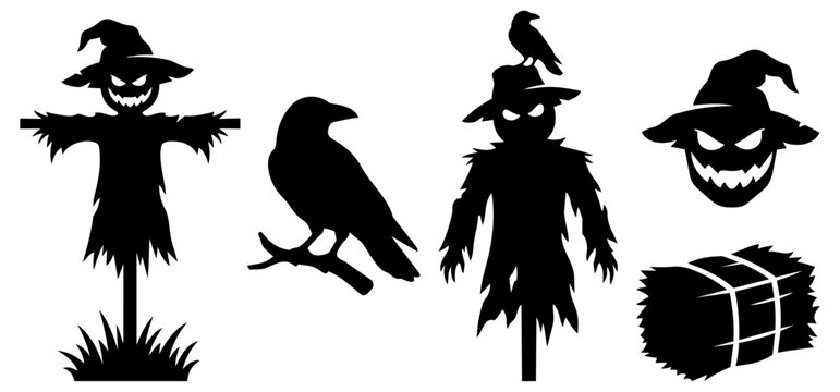 Spooky scarecrow and crow silhouette set for halloween