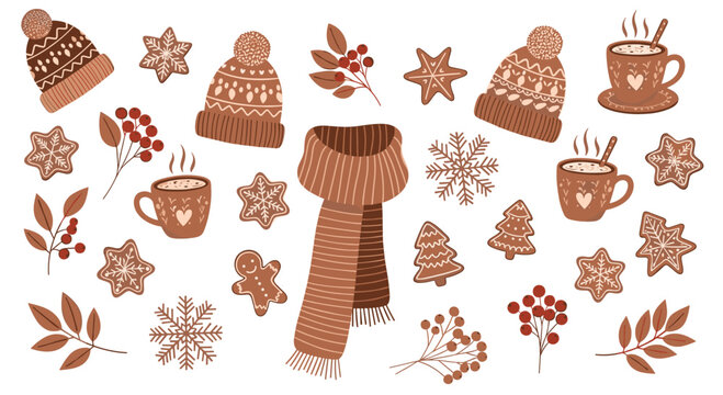 Winter season collection with cozy knitted hats a warm scarf coffee mugs and gingerbread cookies for holiday themed designs and gift wrapping.