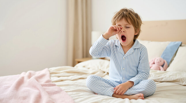 Young boy in striped pajamas yawning and rubbing his eyes on a bed. Sleepy child waking up in the morning. Bedtime and morning routine concept