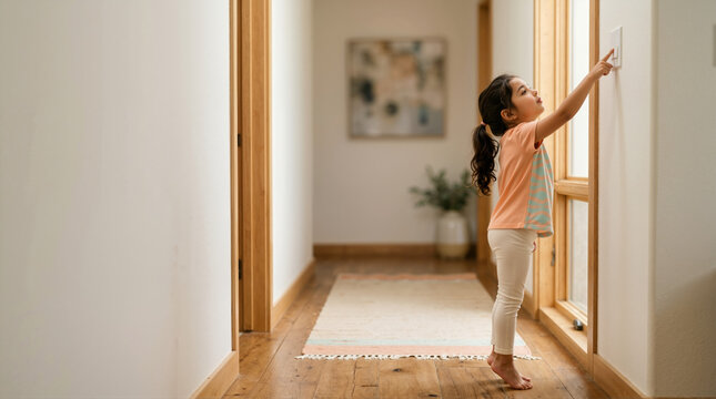 Young girl reaching for a light switch in a modern hallway. Little child standing on tiptoes to turn on the light at home. Independence and childhood concept