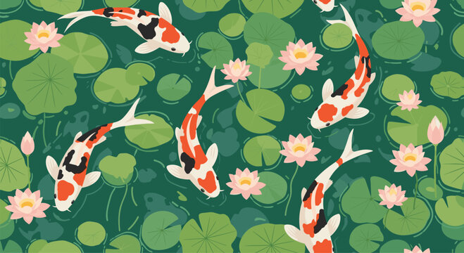 Seamless pattern featuring colorful koi fish swimming among lily pads and pink lotus flowers in a deep green pond setting.