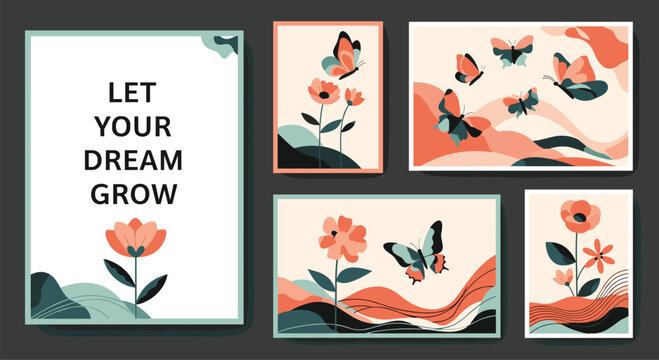 Set of five vertical and horizontal posters featuring floral motifs, butterflies, and the motivational phrase let your dream grow.