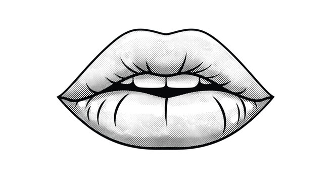 Grayscale stippled illustration shows a pair of realistic lips slightly open to reveal the front teeth in a classic pop art style.