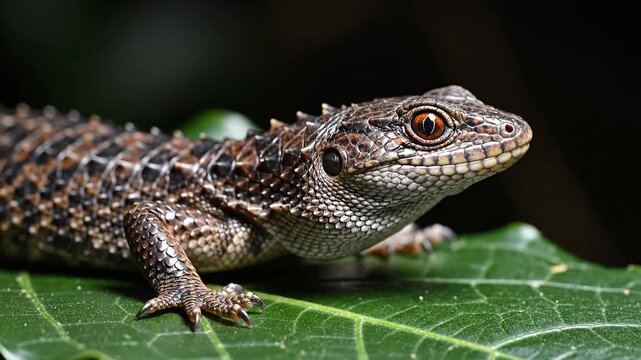 Small spiny lizard resting on green leaf in nature